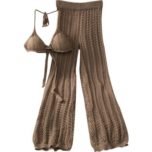 Summer Knitting Set 3 Colors Two Pieces Sexy Spaghetti Straps Crop Tops Full Pants Vintage Celebrity Evening Party Outfit Vest