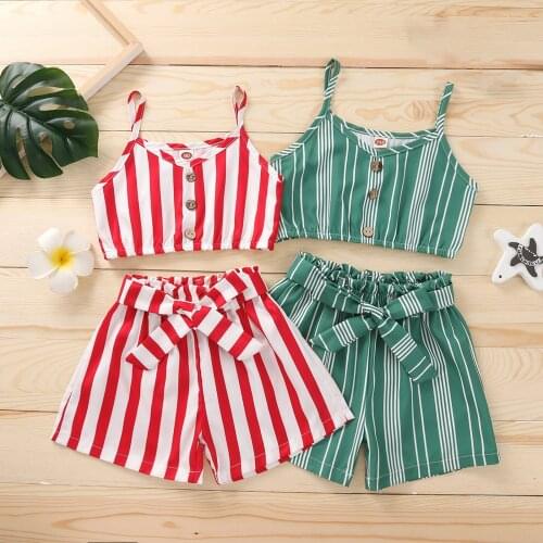 Toddler Baby Girl Summer 2pcs Outwear Set Newborn Kids Cotton Stripe Button Suspender Tank Tops + Bandage Short Pants Clothes