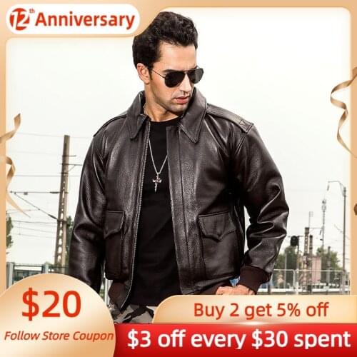 2021 Brown Men Military Style A2 Pilot Leather Jacket Europe Size XXL Genuine Natural Cowhide Autumn USAF Aviation Coat