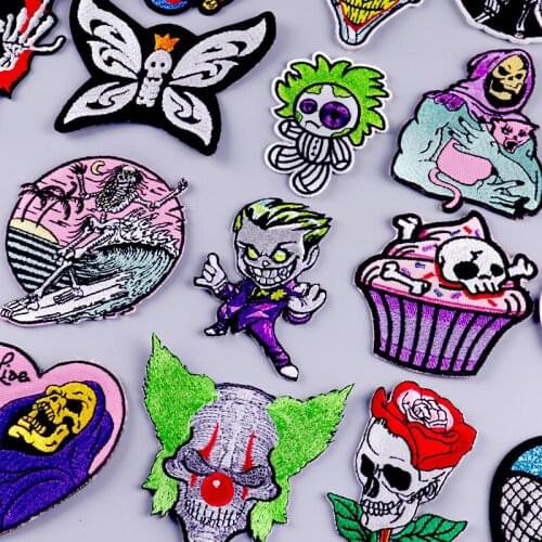 Joker/Skull Patch Iron On Patches On Clothes Stripe Diy Skeleton Embroidered Patches For Clothing Applique Sticker Jacket Patch