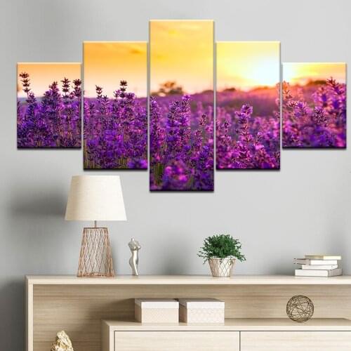Wall Art Living Room Home Decor Canvas Picture 5 Pieces Abstract lavender Flower sea romantic Flowers Painting HD Prints Poster