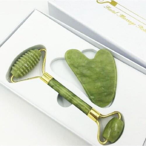 Natural Face Massager Jade Beauty Device Roller Massager Set Gua Sha + Roller + Gift Box Jade Roller Scraper Facial Skin Care