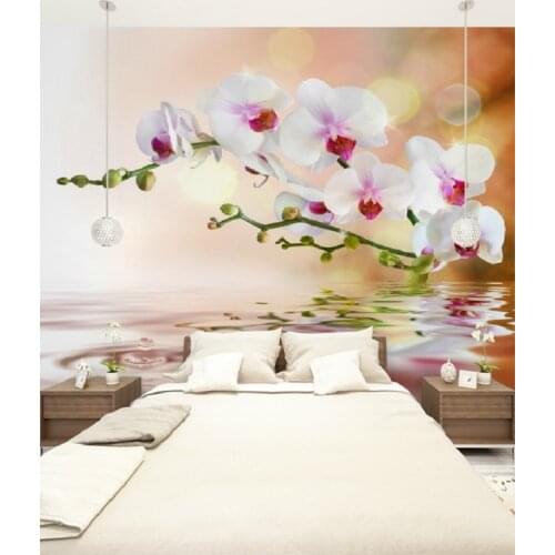 Custom Size 3D Photo Mural Wall Sticker White Orchids On Water Removable Wall Papers Self-adhesive Vinyl Art Home Decor