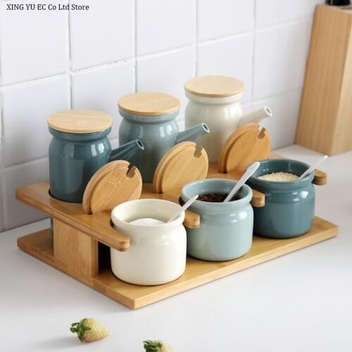 Nordic Simple Jar Ceramic Seasoning Jar Household Seasoning Box Set with Wooden Stand Salt Shaker Oil Bottle Kitchen Supplies