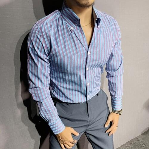 Autumn Shirt Men Deep V-Neck Long Sleeve Stripe Shirt Streetwear Camisa Social Masculina Business Fashion Contrast Stripe Shirt