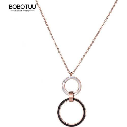 BOBOTUU Stainless Still Necklace Double Circle Black And White Shell Pendant Sweater Chain Rose Gold Color Jewelry BN18246