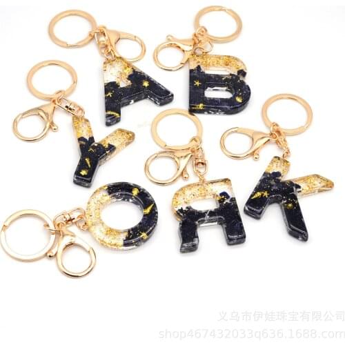 Letters Pendant Black Stone With Gold Foil Sea Ocean RingWomen Cute Car Acrylic Glit Keyring Holder Charm Bag Couple Bag Gifts