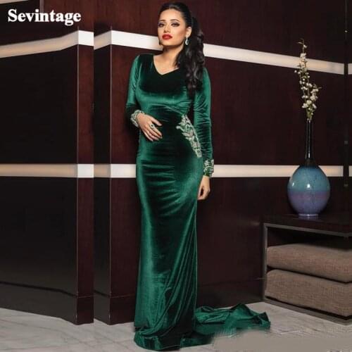 Sevintage Green Velvet Evening Formal Dresses Lace Beaded V-neck Long Sleeve Mermaid Arabic Muslim Dubai Prom Gowns Princess