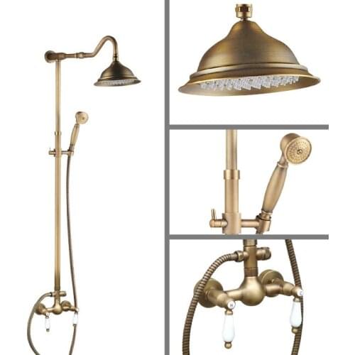 Vintage Retro Antique Brass Wall Mounted Bathroom 8.2" Round Rain Shower Head Faucet Set Dual Ceramic Handles Mixer Tap man511