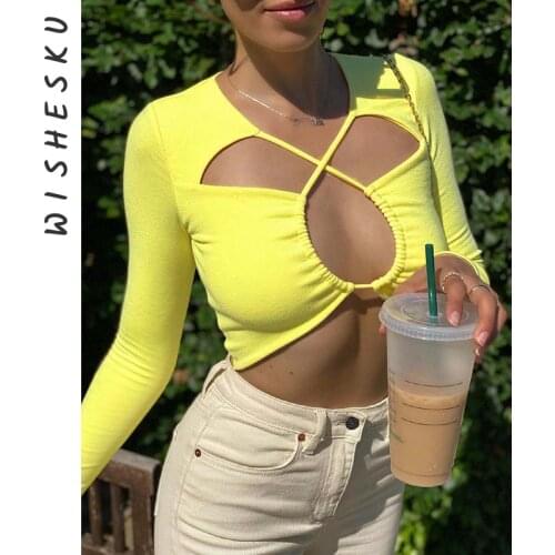 Bright Color Hollow Out T Shirt For Women Fashion Sexy Bandage Skinny Corset Top Female Party Club Y2K Clothes 2021 Summer