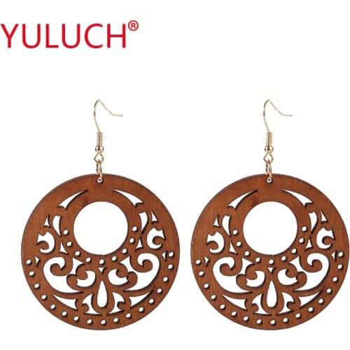 YULUCH Natural Handmade Wooden Round Cutout National Lucky Rune Pendant Earrings for African Women Jewelry Earrings Party Gifts