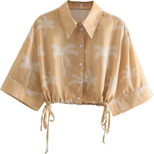 Women Shirts Fashion With Drawstring Print Cropped Vintage Short Sleeve Button-up Female High Quality Shirts Chic Tops