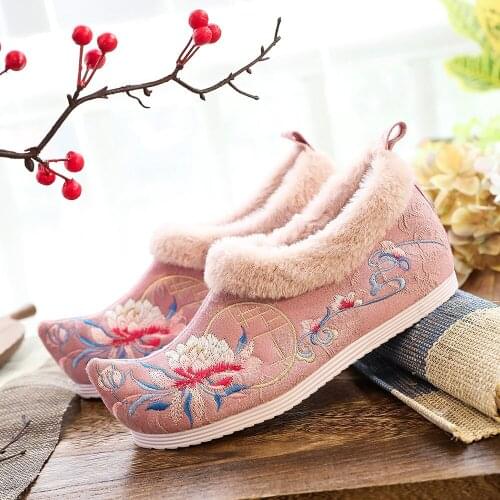 YourSeason Winter Ladies Faux Fur Collar Low Top Platform Shoes Pointed Toe Chinese Style Women Casual Warm Hidden Ballet Flats
