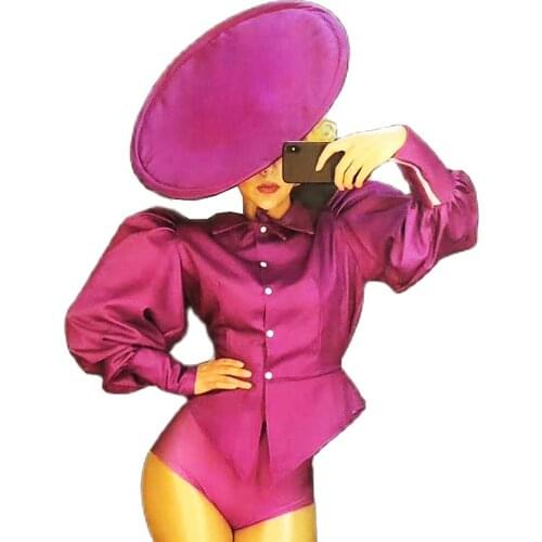 Purple Three-Piece Suit Puff Sleeve Top Tight Shorts Personality Hat Ladies Nightclub Performance Dance Costume Stage Wear