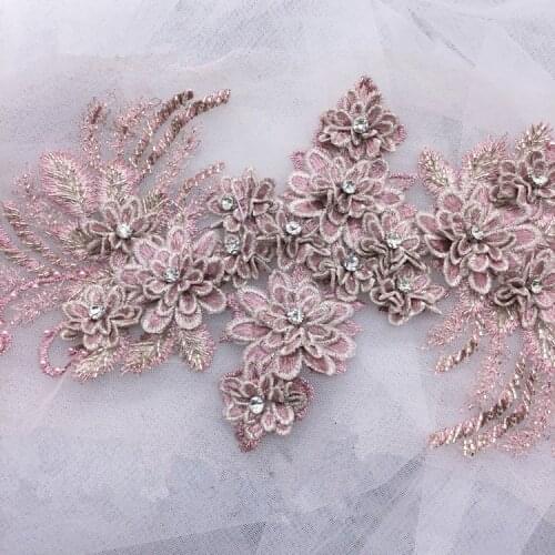 3D Rhinestone Lace Flower Embroidery Bridal Applique Pearl Beaded Tulle 5 Colors For DIY Motif 42*16CM