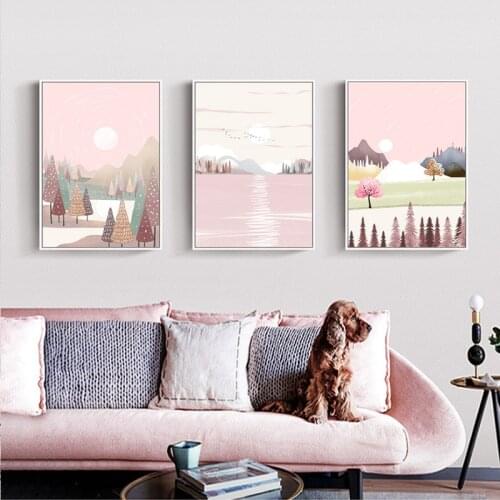 Abstract Pink Tree and Mountains Canvas Painting Posters Print Nordic Spring Pink Wall Art Pictures For Living Room Home Decor