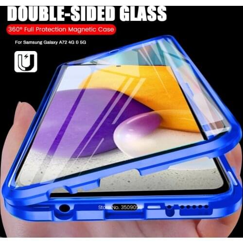 A 72 case 360° adsorption magnetic flip for samsung galaxy a12 a32 a52 a72 2021 metal bumper double-sided glass protective coque