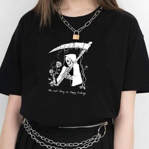 No Such Thing As Happy Endings T-shirt Spooky Grim Reaper Gothic Graphic Tee Top Aesthetic Skeleton Halloween Goth Tshirt