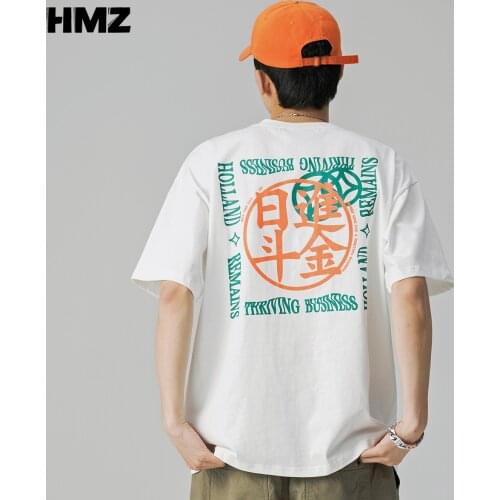 HMZ Men T-Shirts 2021 Chinese Style Lucky Printed Short Sleeve Tshirt Summer Hip Hop Casual Harajuku Cotton Tops Tees Streetwear