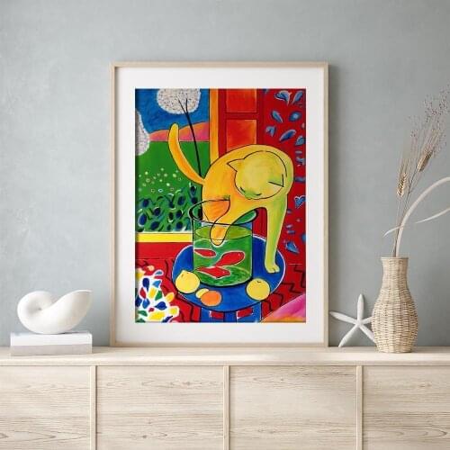 Canvas Painting Cat with Red Fish Poster and Prints Wall Art Pictures for Living Room Home Decor No Frame