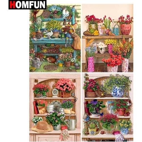 HOMFUN Rhinestone Painting Crystal Decor Diy Diamond Painting "Shelf flowerpot " 3D Cross Stitch Pattern Diamond Embroidery