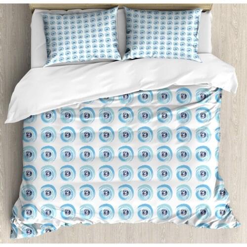 Abstract Duvet Cover Set Continuous Pattern with Eyeballs Painting 3 Piece Bedding Set Deep Sky Blue Pale Blue Night and White