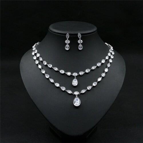 2019 New Elegant Clear Halo Teardrop Crystal Cubic Zirconia Necklace and Earring Bridal Jewelry Set