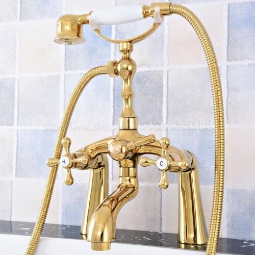 Bathroom Gold Color Brass Clawfoot Bath Tub Faucet w/Hand Shower Deck Mounted Dual Handles Mixer Tap ztf777