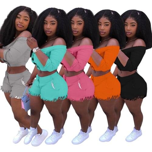 Summer Fashion Hot Style Womens High-elastic Fabric Slash Neck Overalls 2piece Suit