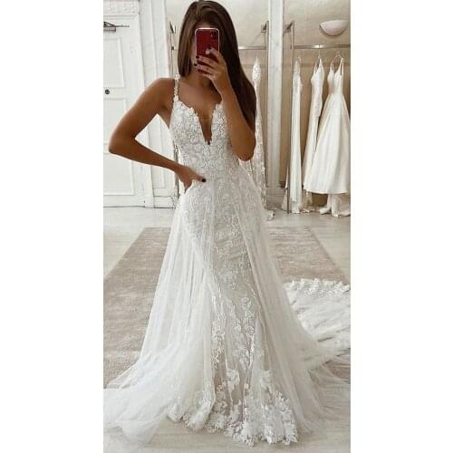 Subtle Mermaid Wedding Dresses Sleeveless Spaghetti Straps Lace Bridal Gowns With Detachable Tail