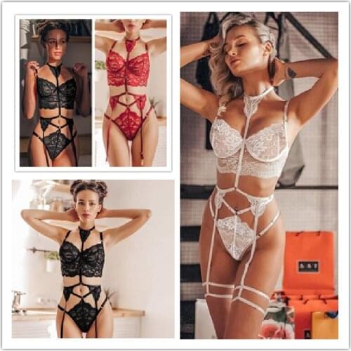Underwear Women Sexy Set Hot Selling Plus Size Lace Bandage Three Point Lingerie Bra With Cup Embroidery Garter Suit