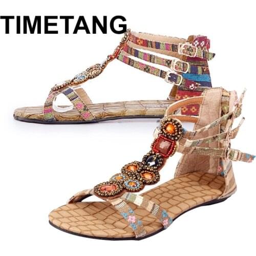 TIMETANG 2021New Arrivals Hot New Women Summer Bohemian Style Zipper Flats Shoes Beading Casual Open Toe SandalsE461