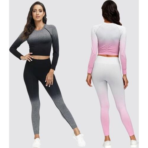 New Adapt Ombre Seamless Yoga Sets Long Sleeve Crop Top Yoga Shirt 2pcs Workout Gym Suits High Waist Ombre Leggings Gym Clothing