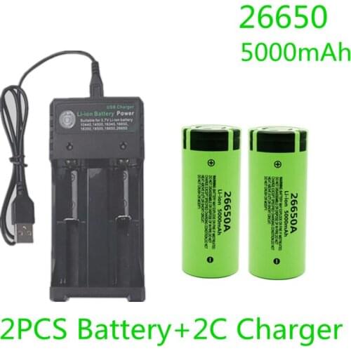 Original High Quality 26650 Battery 5000mAh 3.7V 50A Lithium Ion Rechargeable Battery For 26650A LED Flashlight + 18650 Charger