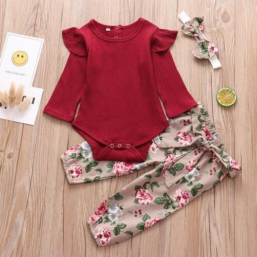 Autum Newborn Baby Girl Suit Infant Clothing Long Sleeve Romper T-shirt print Pants Headband child Clothes Kids Set Outfits 3Pcs