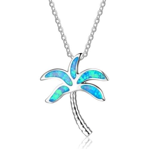 Blue Imitation Opal Choker Necklace Coconut Tree Plant Necklaces Pendants Chain Palm Necklaces Women Ocean Beach Jewelry