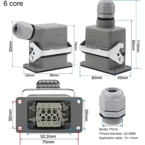 Rectangular heavy duty connector Hdc-he -006-1 six pin aviation plug socket top wire and side wire single button 16A