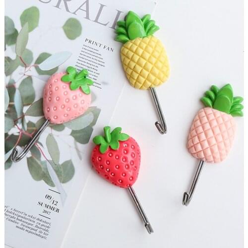Kawaii Fruit Strawberry Pineapple Sticky Hook Bedroom Hanging Rack Cartoon Plastic Wall Hooks Keys/Towel/Bag Sundries Holder