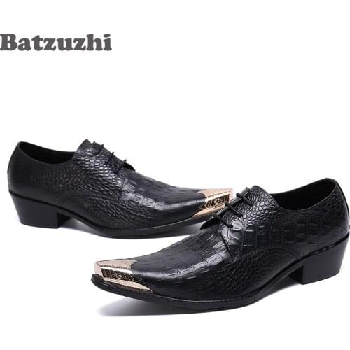 Batzuzhi Leather Dress Shoes Men Japanese Type Men Shoes Pointed Metal Tip Lace-up Formal Business Leather Shoes Party&Wedding