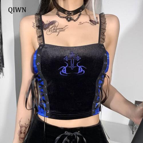 Vintage Lace Blue Pleated Camis Aesthetic Velvet Lace Up Crop Tops Y2K Goth Sexy Spaghetti Straps Backless Camisole