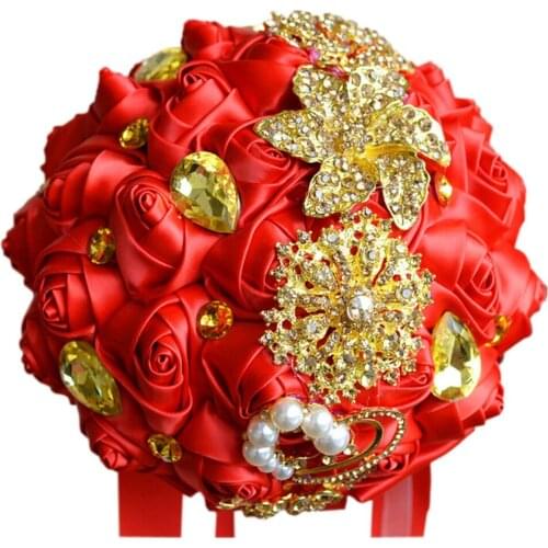 2021 Amazing Red and Gold Crystal Rhinestones Silk Rose Flowers Wedding Bouquet Country Beaded Cheap Bridal Bouquets
