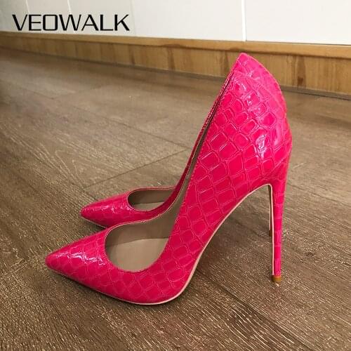 Veowalk Pink Croc-Effect Women Pointy Toe Stiletto Pumps Sexy Ladies Party Shoes Slip On Thin High Heels Plus Size 33 43 44 45