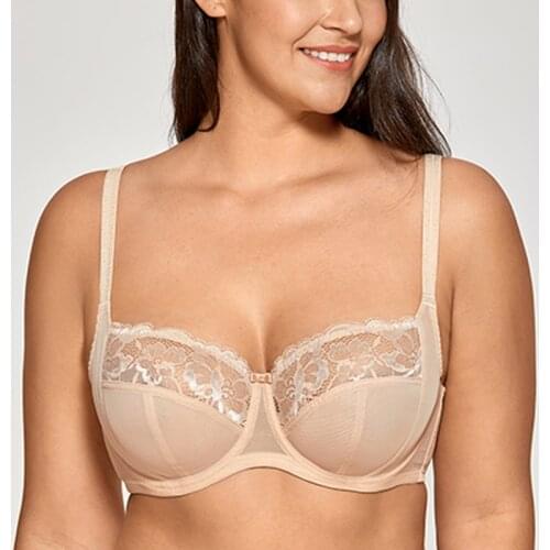 Plus Size Womens Full Coverage Non Padded Underwire Floral Lace Balconette Unlined Bra Lingerie 34 36 38 40 42 D DD E F G H