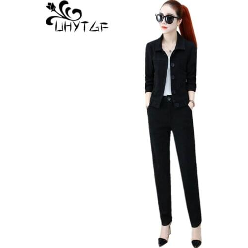 UHYTGF 2 piece set women temperament female casual spring autumn two piece set lapel elegant short top tracksuit women suit 1462