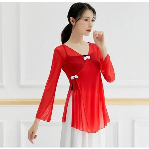 Adult Women Mesh Oriental Latin Yoga Dance Top Transparent Blouse Shirt Costume Women Dancer Ballet Wear Body Training Clothes