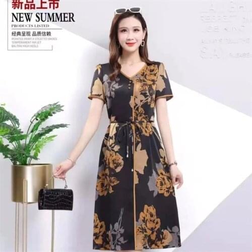 2021 Summer Mother Dress Black Silk Satin Large Size Womens Belly And Thin Printed Dresses Temperament Mujer Elegant W456