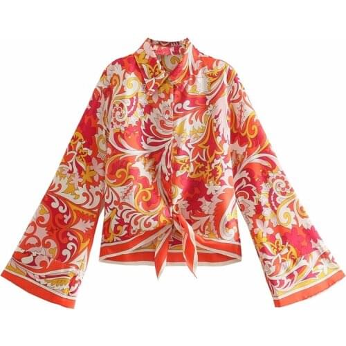 ZXQJ Women 2021 Chic Fashion With Bow Tied Totem Print Asymmetry Blouses Vintage Long Sleeve Button-up Female Shirts Tops