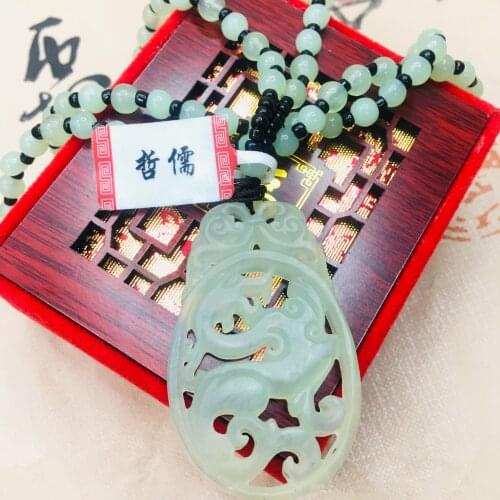 ZZheru natural nephrite carved ice through hollow retro curved dragon pendant with jade bead necklace men and women sweater chai