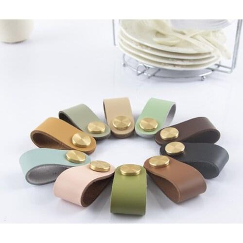 10 Colors Nordic Style Furniture Leather Pull Handle Drawer Knob Brass Wardrobe Cupboard Cabinet Handle Door Pulls Decorative