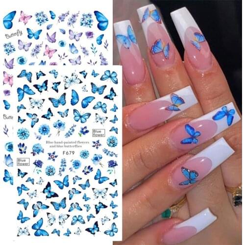 3D Laser Blue Butterfly Nail Stickers Colorful Butterfly Rose Hydrangea Nail Sliders Decal For Manicure DIY Nail Decoration